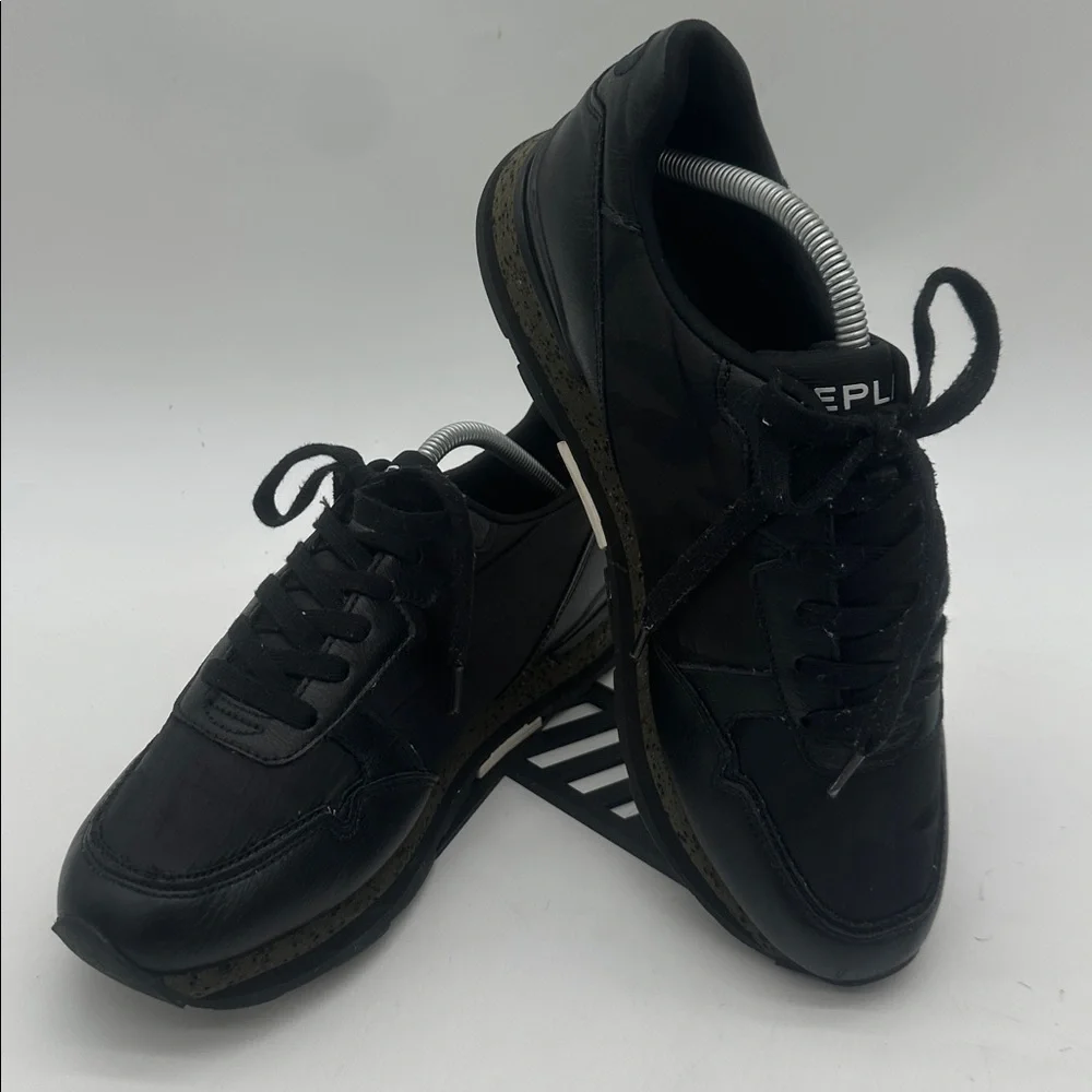 Replay Arthur Black Leather Men's Sneakers Lace Up Low Profile Black Size US10